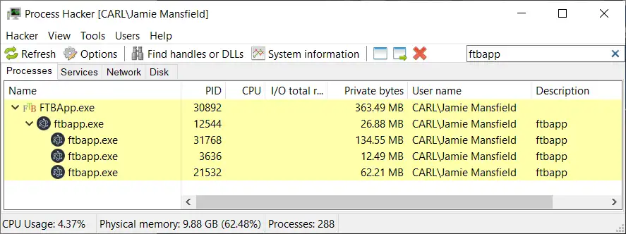 Process Hacker open, showing process information for the FTB App